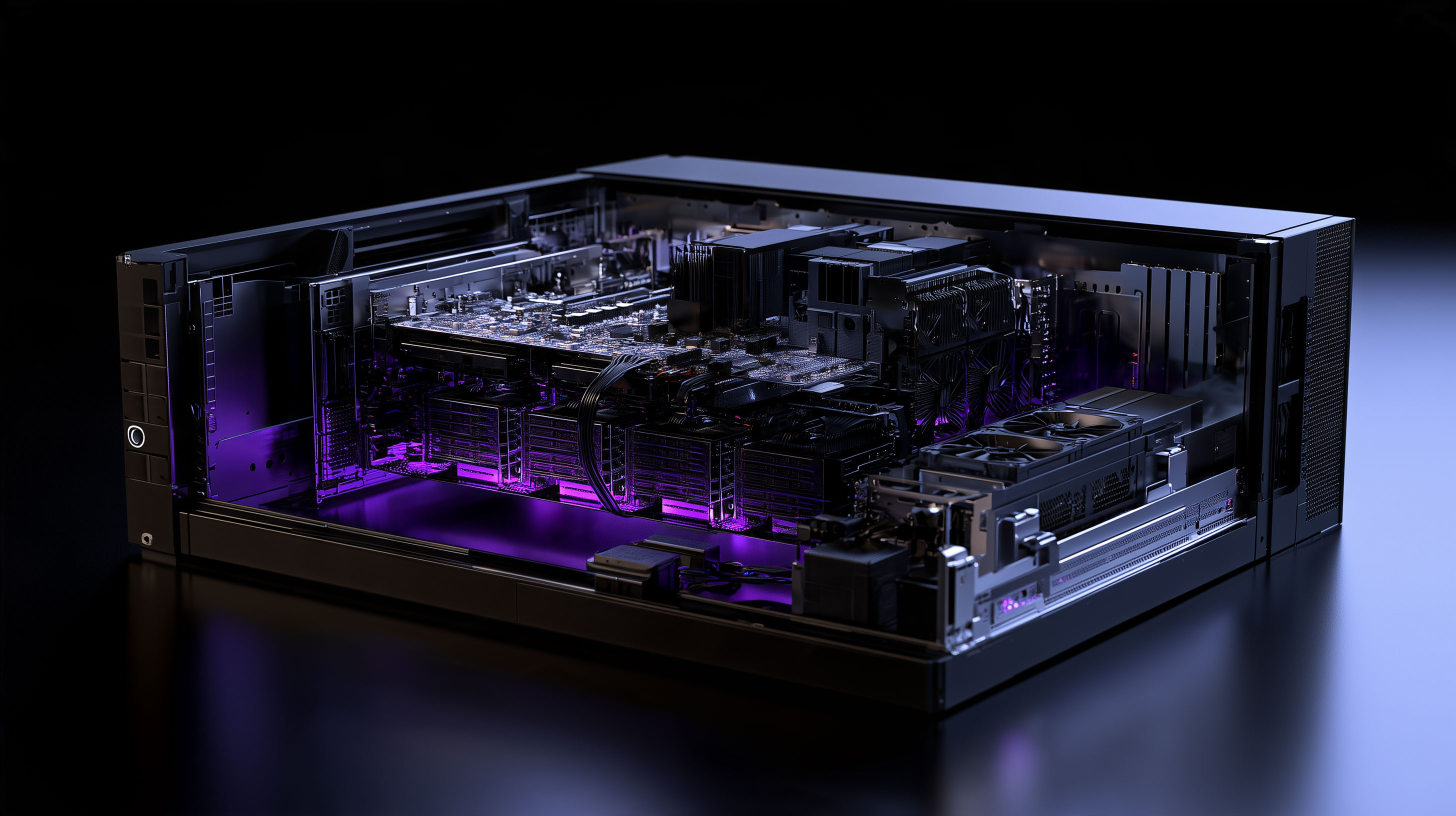 Open server chassis illuminated with purple lighting